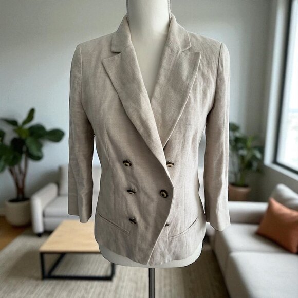 ANTHROPOLOGIE Beige Linen Blend Gold Button Blazer Jacket Size 4 - Picture 1 of 6